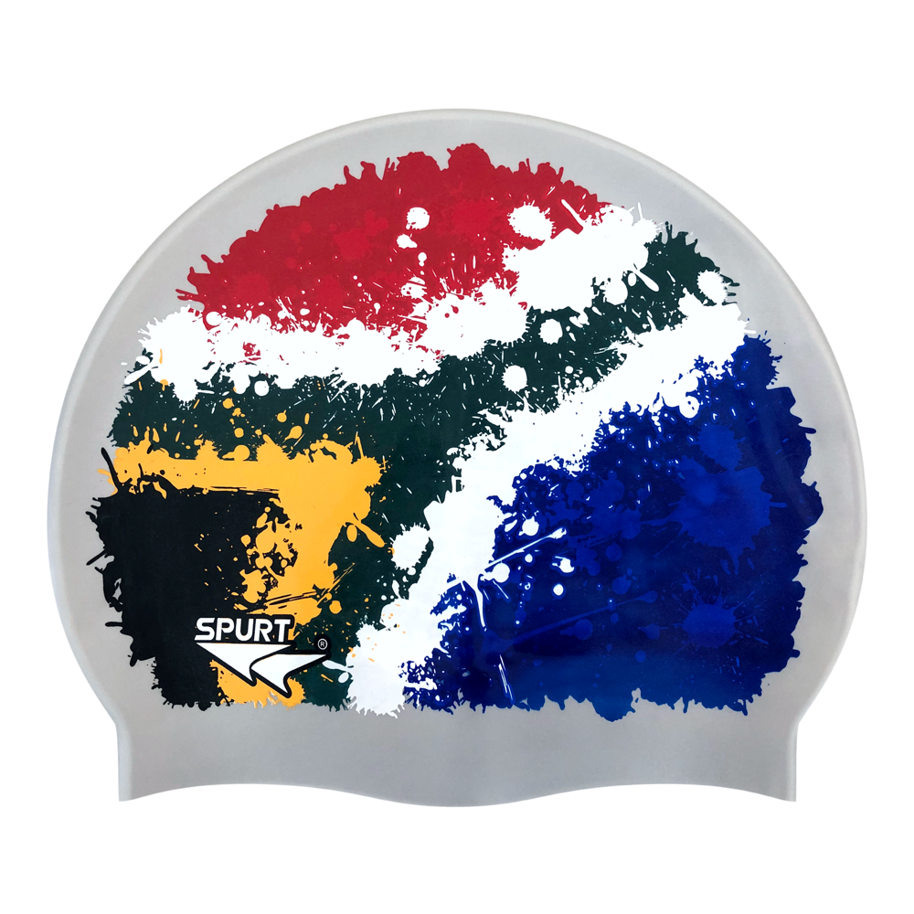 SA Flag Splash Design Mirror Image on SD11 Silver Spurt Silicone Swim Cap