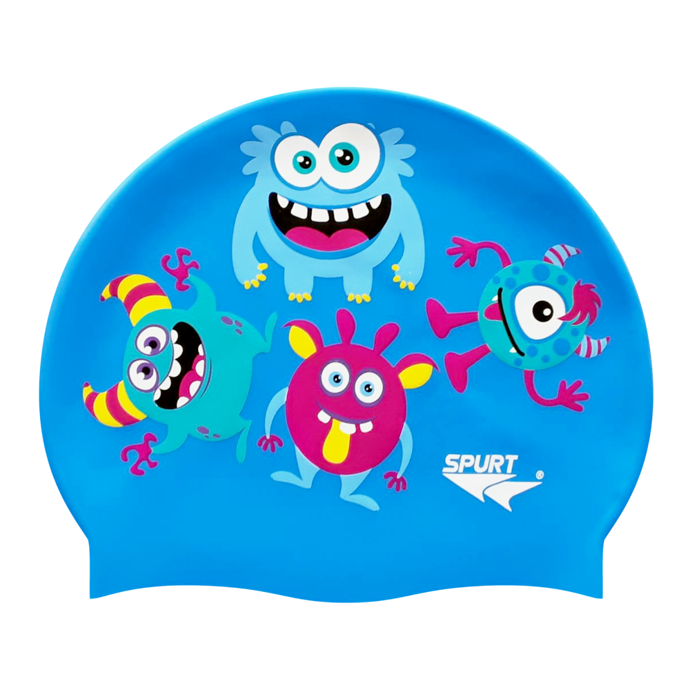 Scattered Cute Monsters on F218 Sky Blue Spurt Silicone Swim Cap