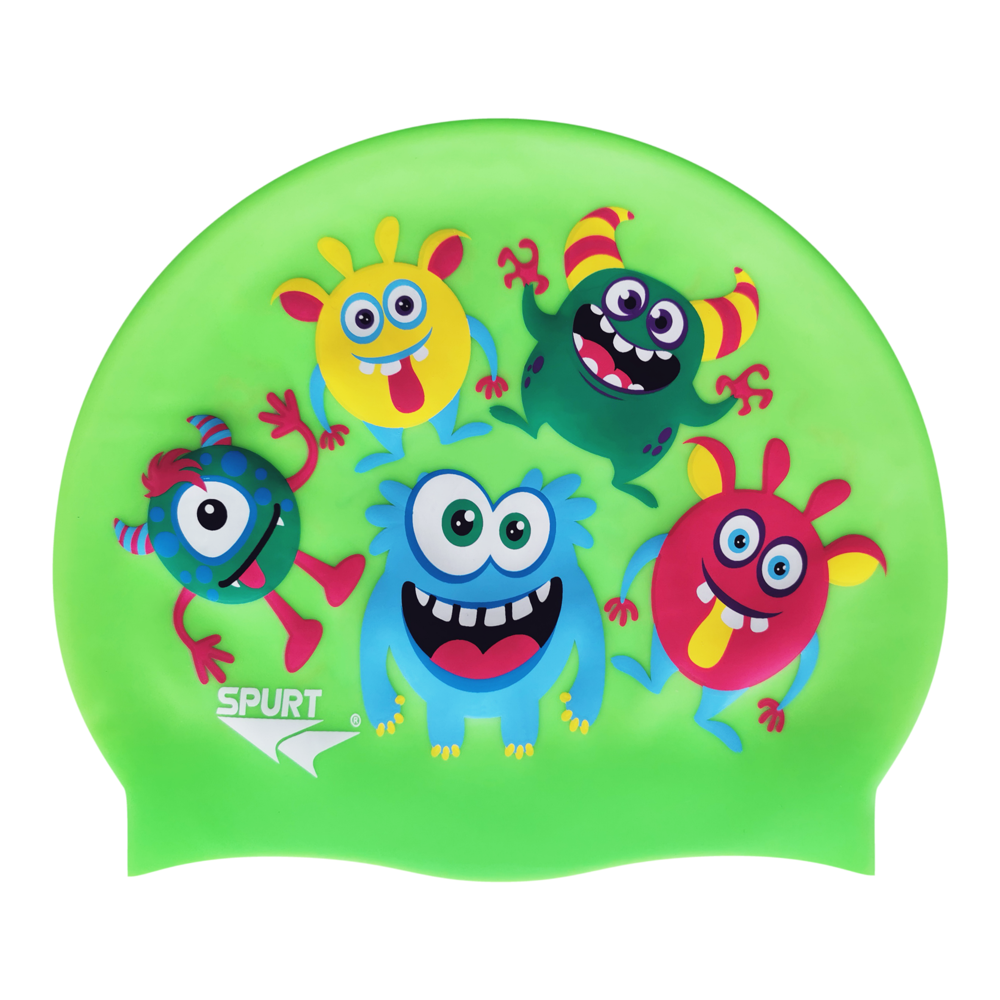 Scattered Cute Monsters on F233 Neon Green Junior Spurt Silicone Swim Cap