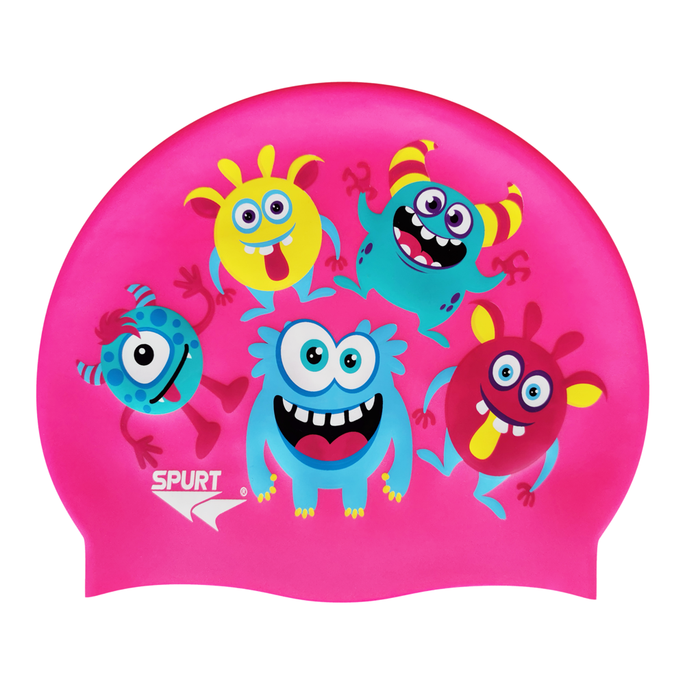 Scattered Cute Monsters on SC16 Neon Pink Junior Spurt Silicone Swim Cap