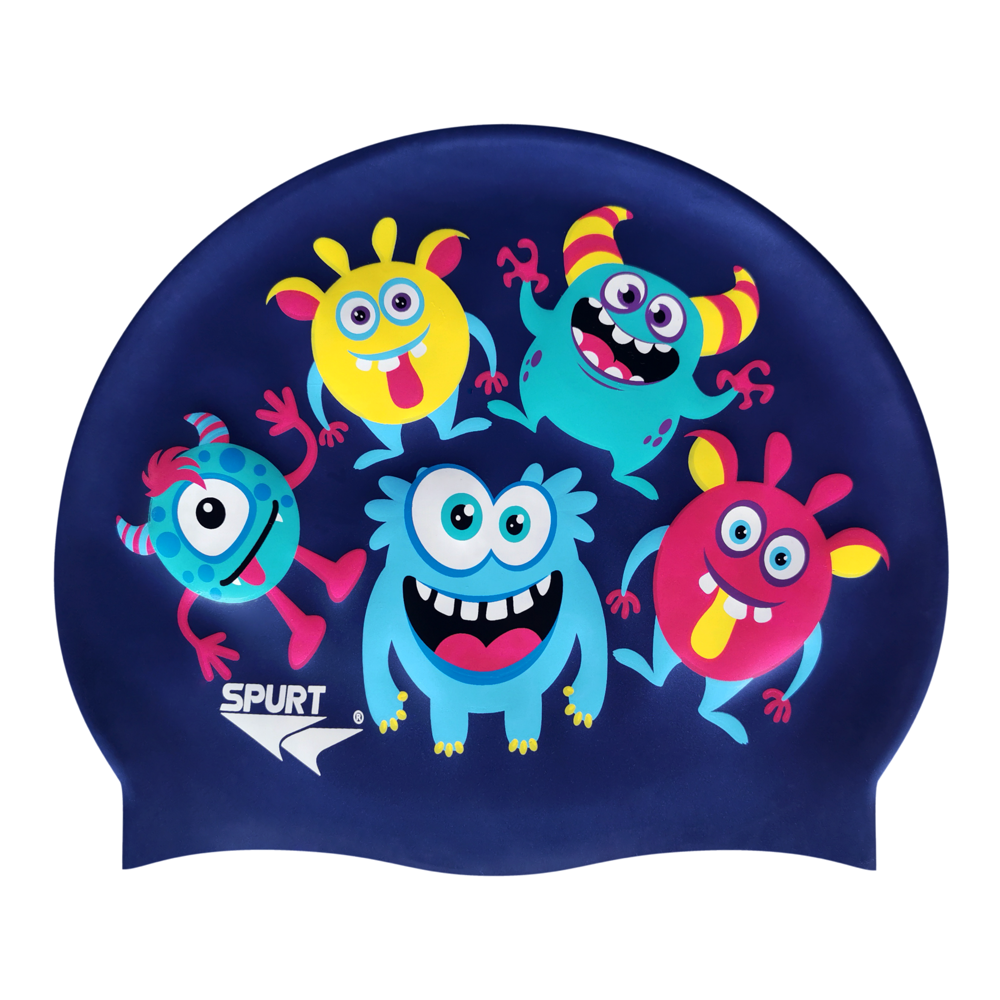 Scattered Cute Monsters on SD16 Metallic Navy Junior Spurt Silicone Swim Cap