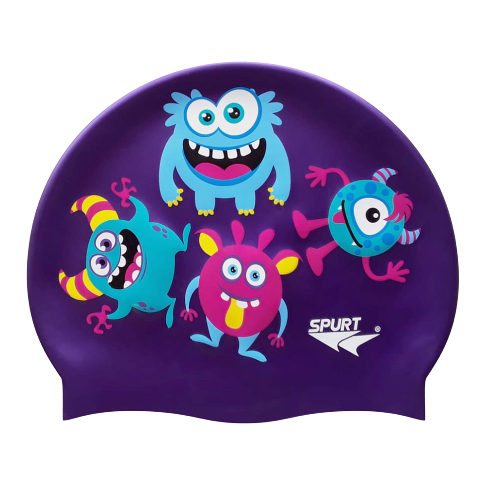 Scattered Cute Monsters on SH73 Royal Purple Spurt Silicone Swim Cap