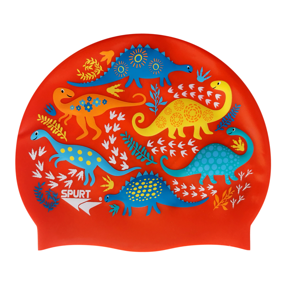 Scattered Dinosaurs and Footprints on F203 Industrial Red Junior Spurt Silicone Swim Cap