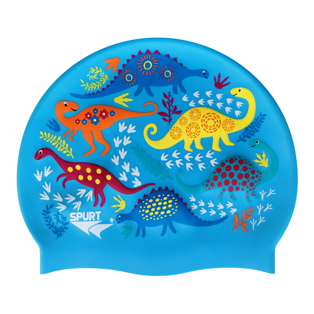 Scattered Dinosaurs and Footprints on F230 Light Sky Blue Junior Spurt Silicone Swim Cap