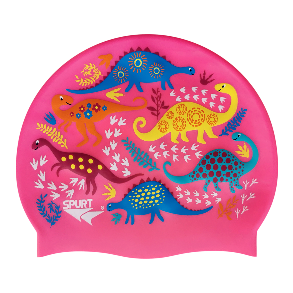 Scattered Dinosaurs and Footprints on SC16 Neon Pink Junior Spurt Silicone Swim Cap