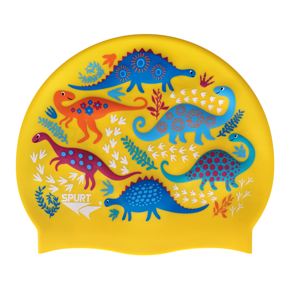 Scattered Dinosaurs and Footprints on SC17 Sunflower Yellow Junior Spurt Silicone Swim Cap