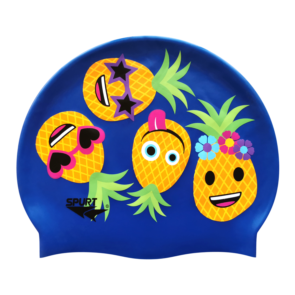 Scattered Fun Pineapple Faces on SE25 Dark Blue Spurt Silicone Swim Cap