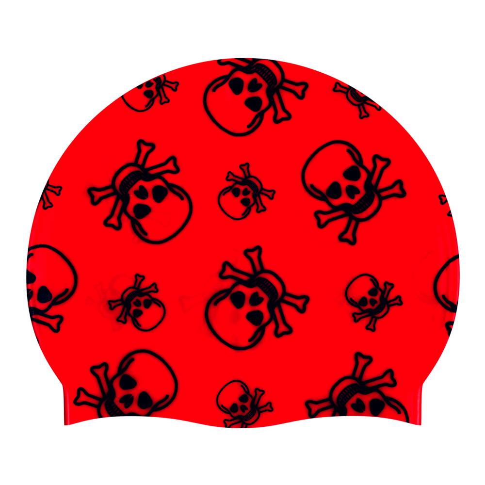 Skull and Crossbones in Black on F203 Industrial Red Spurt Silicone Swim Cap