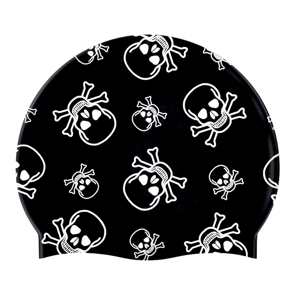 Skull and Crossbones in White on SB14 Metallic Black Spurt Silicone Swim Cap