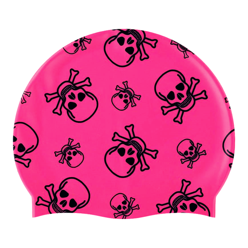 Skull and Crossbones in Black on SC16 Neon Pink Spurt Silicone Swim Cap