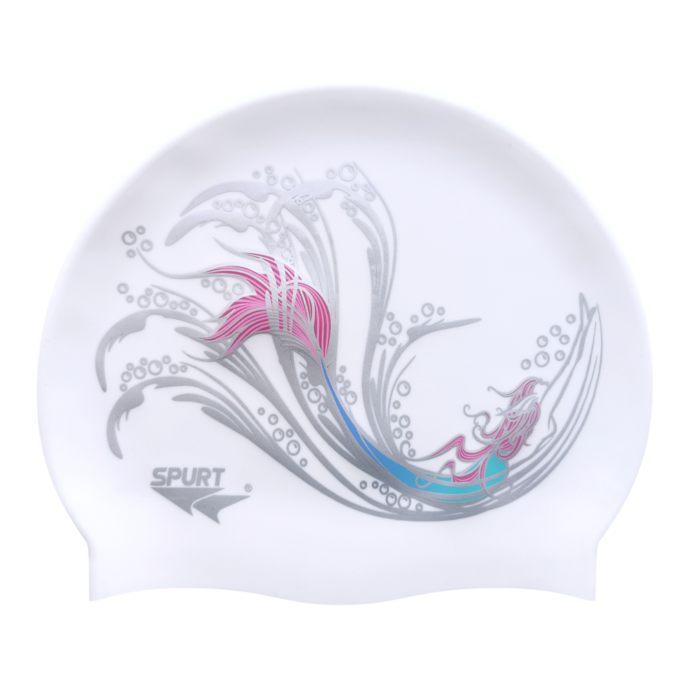 Sketched Mermaid in Swirls on F211 Cool White Spurt Silicone Swim Cap