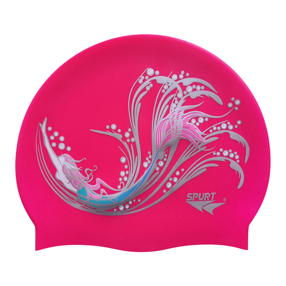 Sketched Mermaid in Swirls on F215 Bright Pink Spurt Silicone Swim Cap