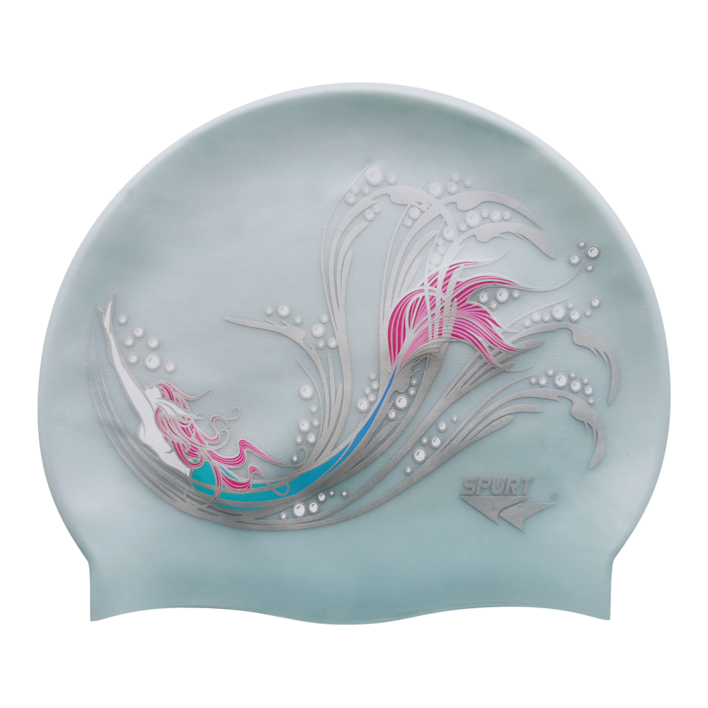 Sketched Mermaid in Swirls on G101 Pale Blue Spurt Silicone Swim Cap