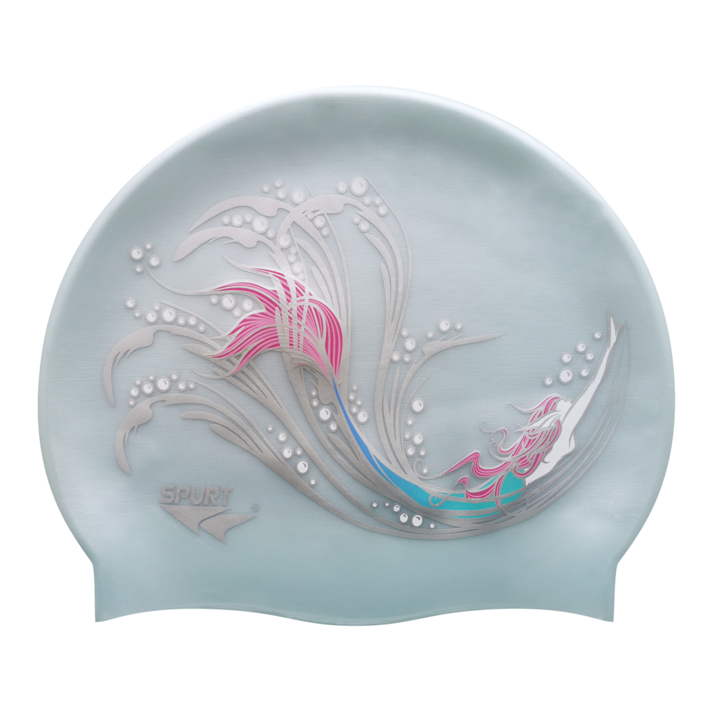 Sketched Mermaid in Swirls on G101 Pale Blue Spurt Silicone Swim Cap