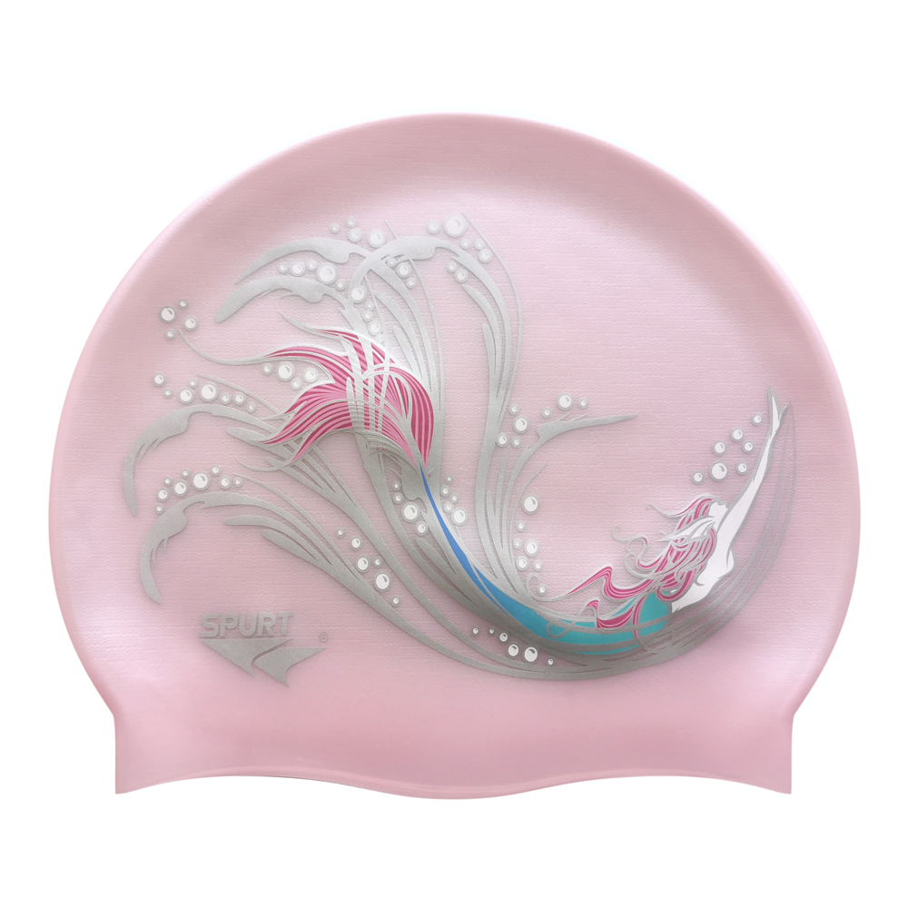 Sketched Mermaid in Swirls on G104 Pale Pink Spurt Silicone Swim Cap