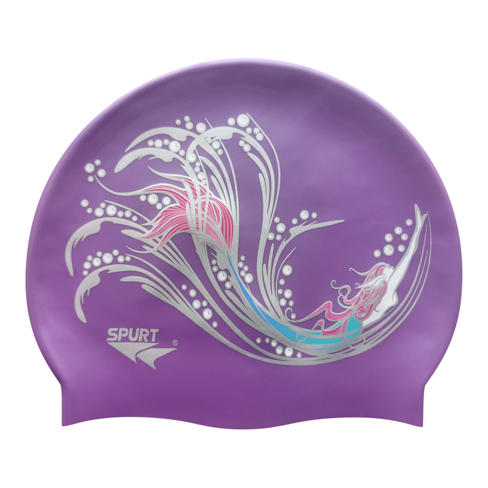 Sketched Mermaid in Swirls on SB18 Violet Spurt Silicone Swim Cap