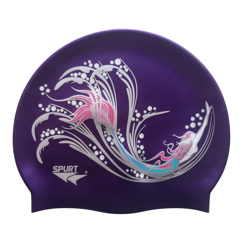 Sketched Mermaid in Swirls on SH73 Royal Purple Spurt Silicone Swim Cap