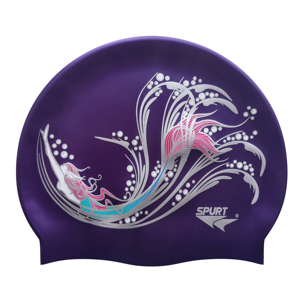 Sketched Mermaid in Swirls on SH73 Royal Purple Spurt Silicone Swim Cap