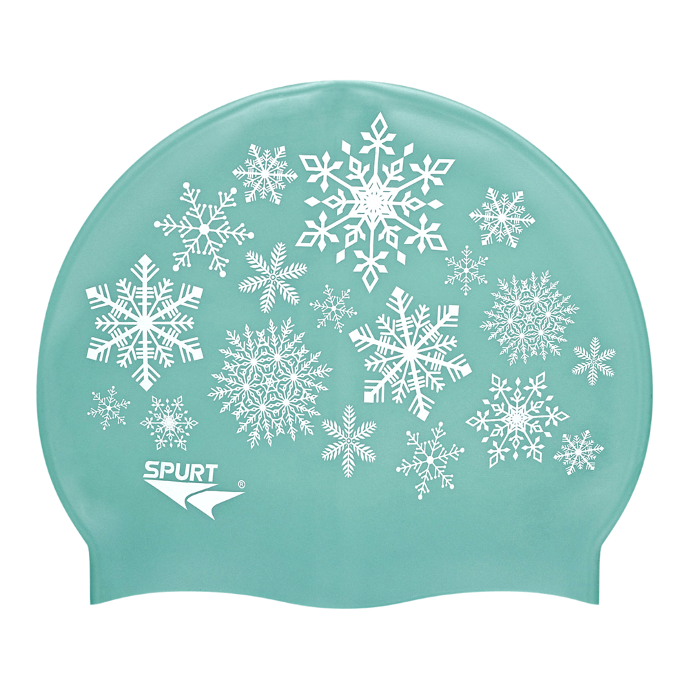 Scattered Snowflakes on SD13 Pale Aquamarine Green Spurt Silicone Swim Cap