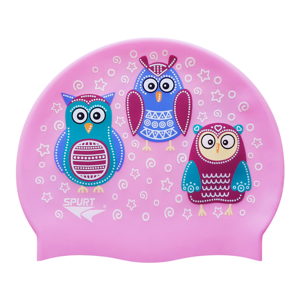 Scattered Owls on F239 Light Pink Spurt Silicone Swim Cap