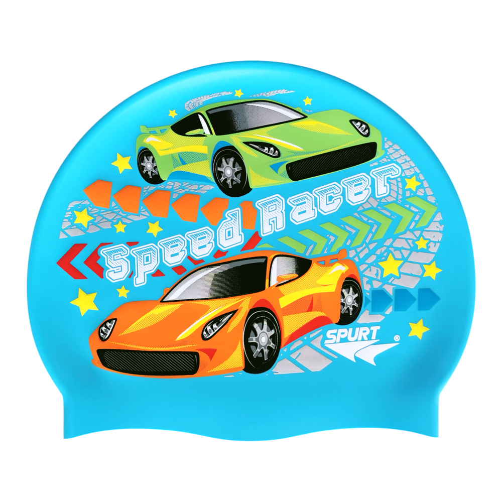 Speed Racer Cars and Track Comic Theme on F230 Light Sky Blue Spurt Silicone Swim Cap