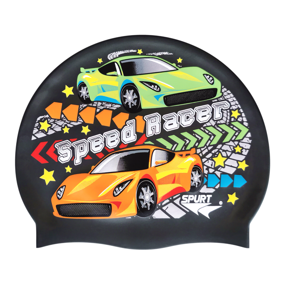 Speed Racer Cars and Track Comic Theme on SB14 Metallic Black Spurt Silicone Swim Cap