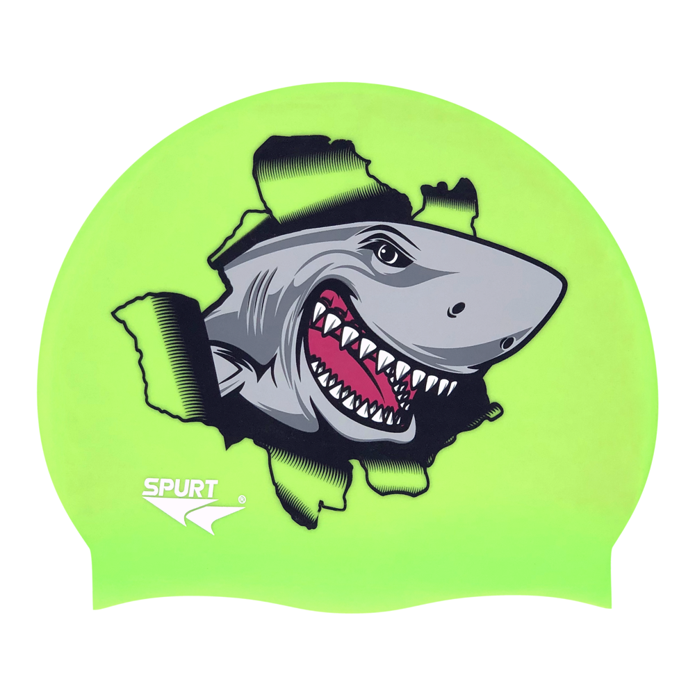 Shark Ripping Through Cap on F233 Neon Green Spurt Silicone Swim Cap