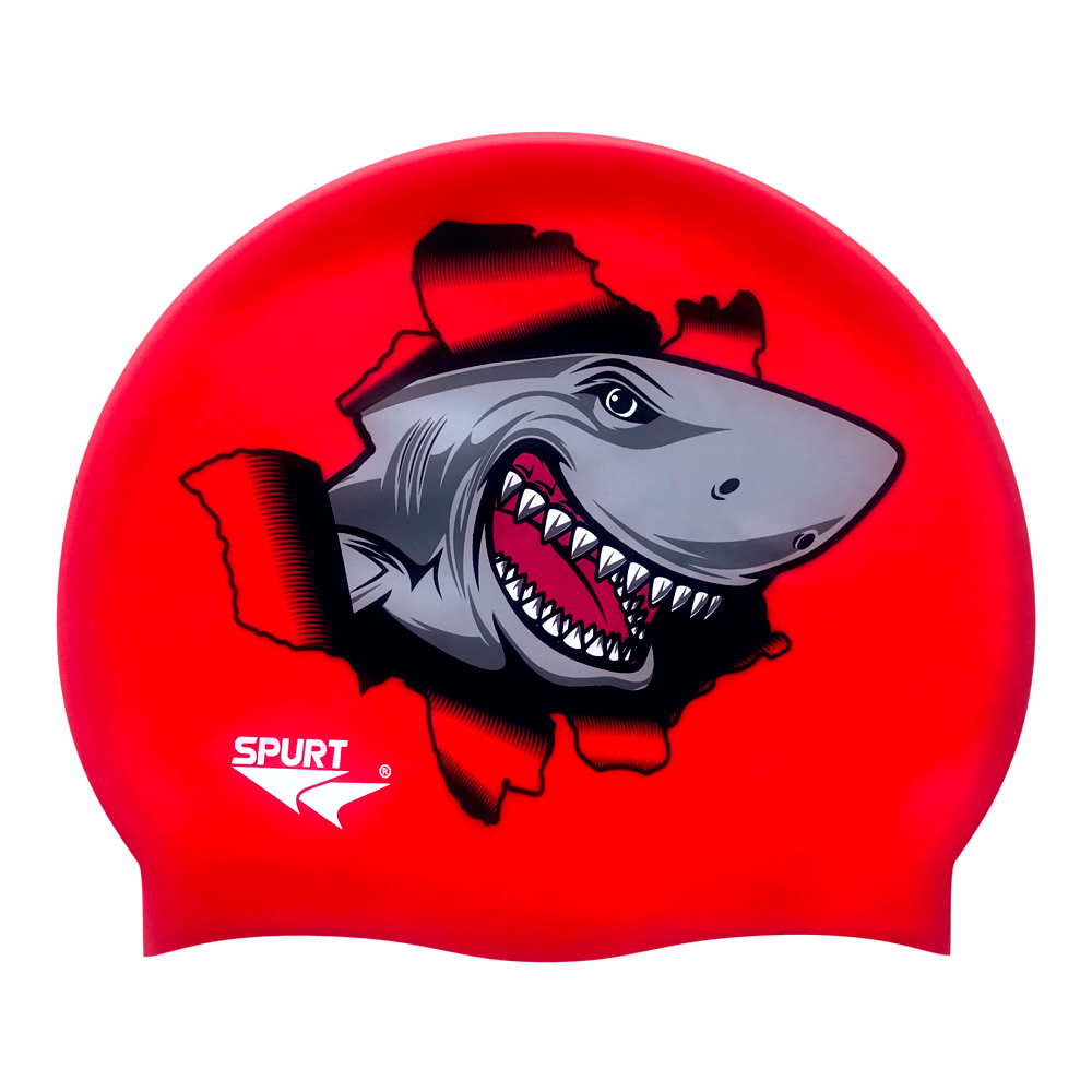 Shark Ripping Through Cap on F246 Crimson Red Spurt Silicone Swim Cap