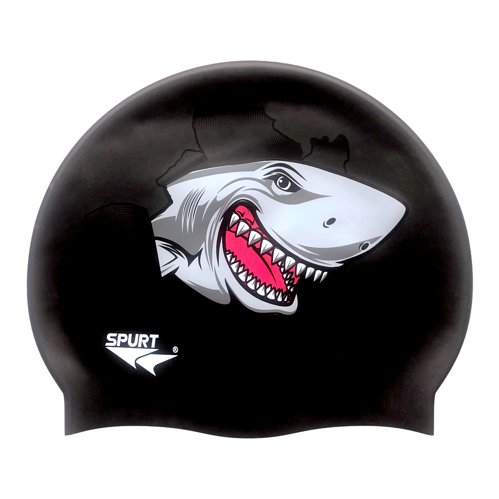 Shark Ripping Through Cap on SB14 Metallic Black Spurt Silicone Swim Cap