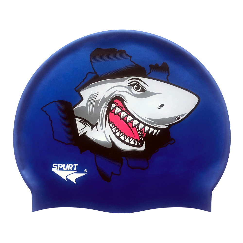 Shark Ripping Through Cap on SE25 Dark Blue Spurt Silicone Swim Cap