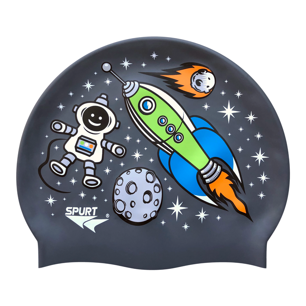 Space Theme with Rocket on F210 Dark Grey Spurt Silicone Swim Cap