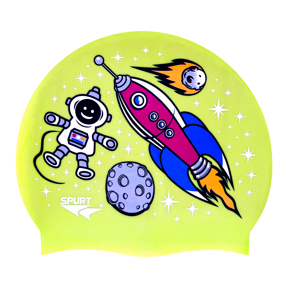 Space Theme with Rocket on F213 Neon Yellow Spurt Silicone Swim Cap