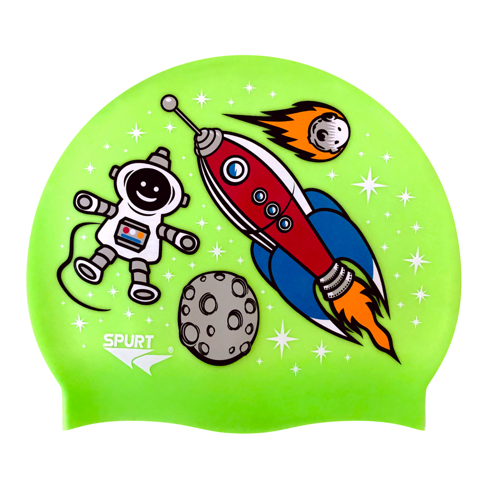 Space Theme with Rocket on F233 Neon Green Spurt Silicone Swim Cap