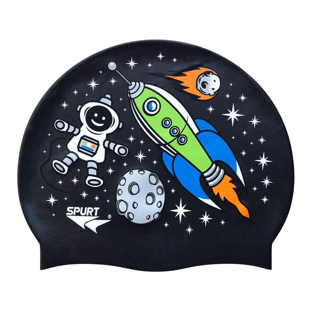Space Theme with Rocket on SB14 Metallic Black Spurt Silicone Swim Cap