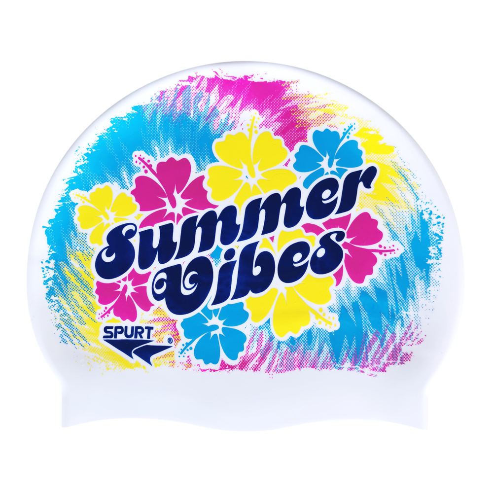 Summer Vibes with Tropical Flowers and Tie-dye on F211 Cool White Spurt Silicone Swim Cap