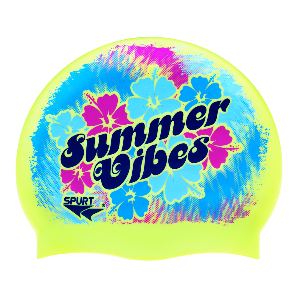 Summer Vibes with Tropical Flowers and Tie-dye on F213 Neon Yellow Spurt Silicone Swim Cap