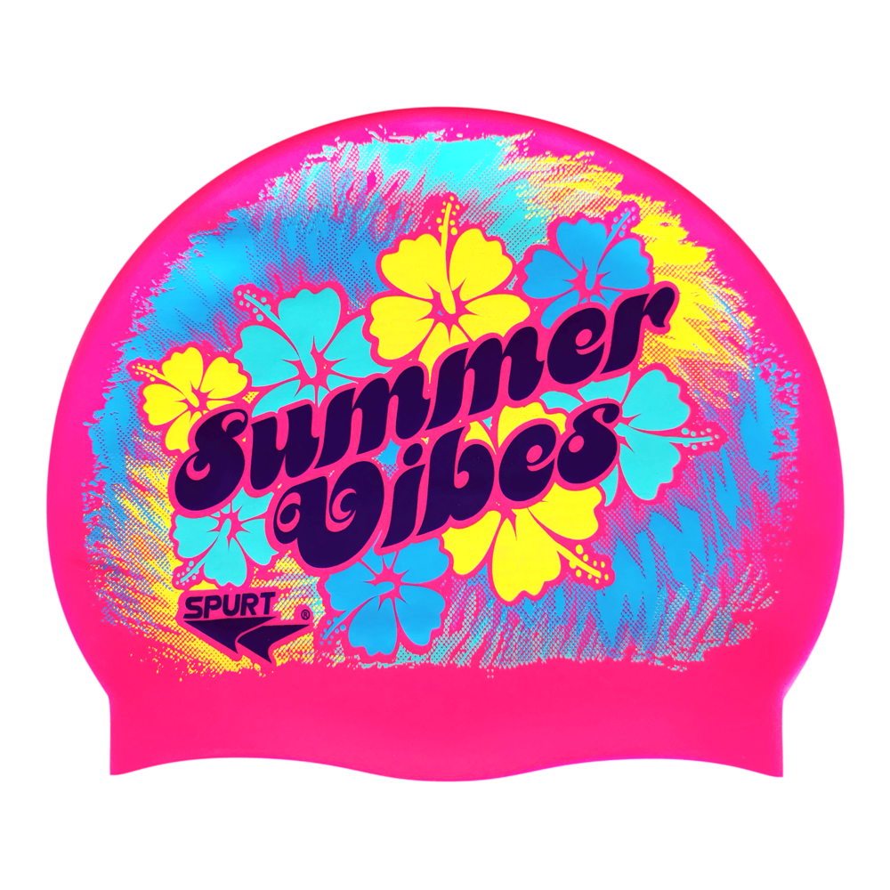 Summer Vibes with Tropical Flowers and Tie-dye on F215 Bright Pink Spurt Silicone Swim Cap