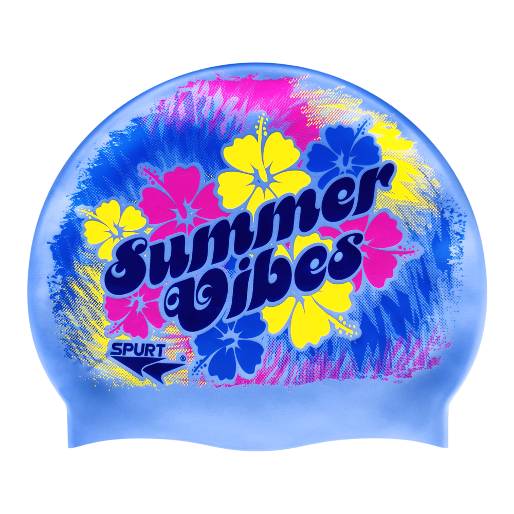 Summer Vibes with Tropical Flowers and Tie-dye on SB12 Lavender Blue Spurt Silicone Swim Cap