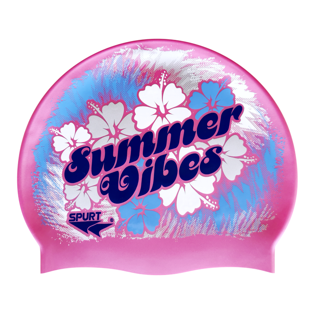Summer Vibes with Tropical Flowers and Tie-dye on SH87 Dark Pink Spurt Silicone Swim Cap
