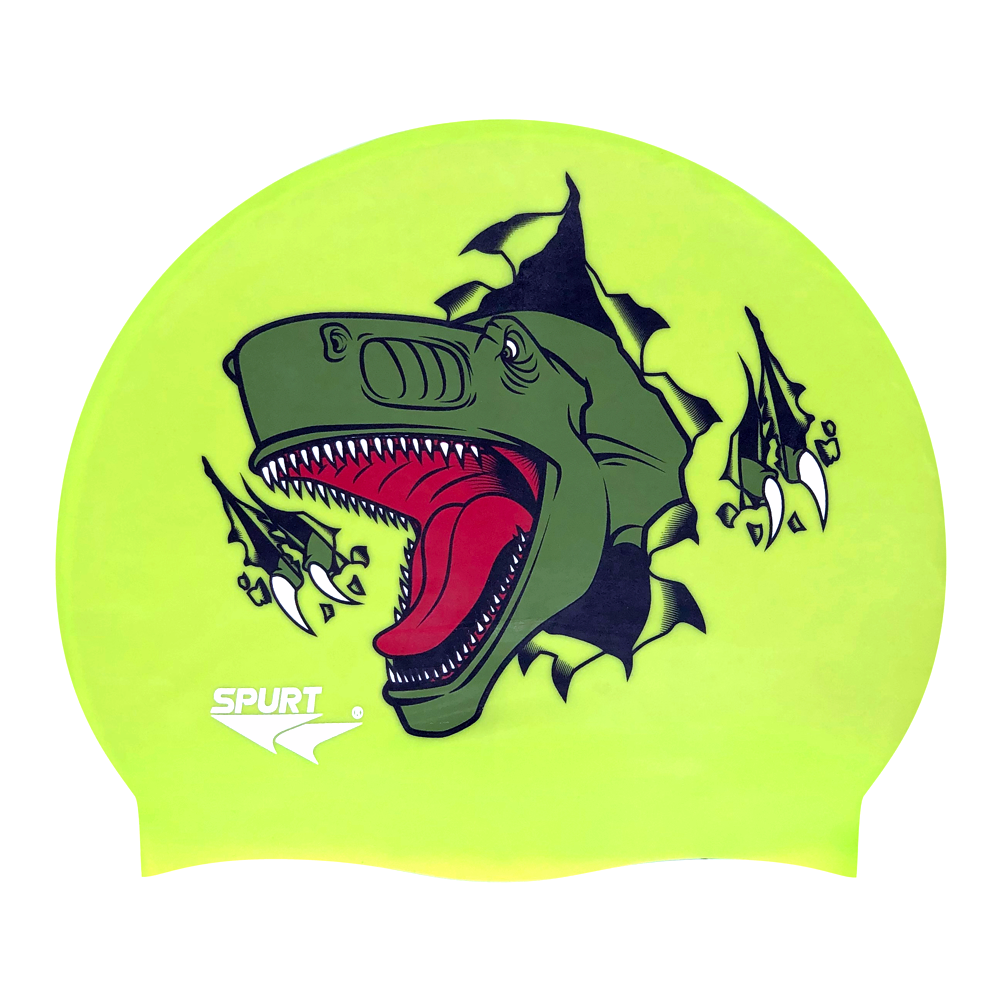 T-Rex Ripping Through Cap on F213 Neon Yellow Spurt Silicone Swim Cap