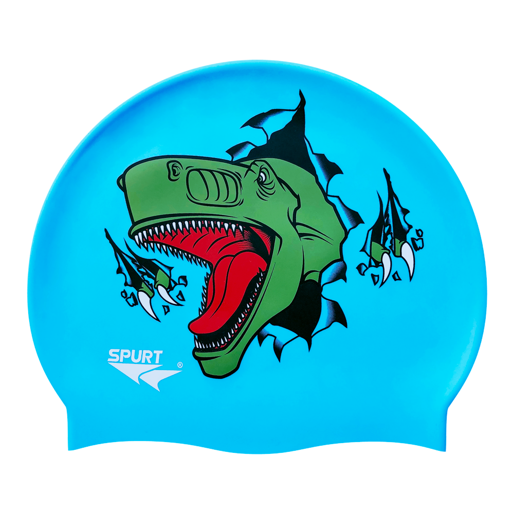 T-Rex Ripping Through Cap on F230 Light Sky Blue Spurt Silicone Swim Cap