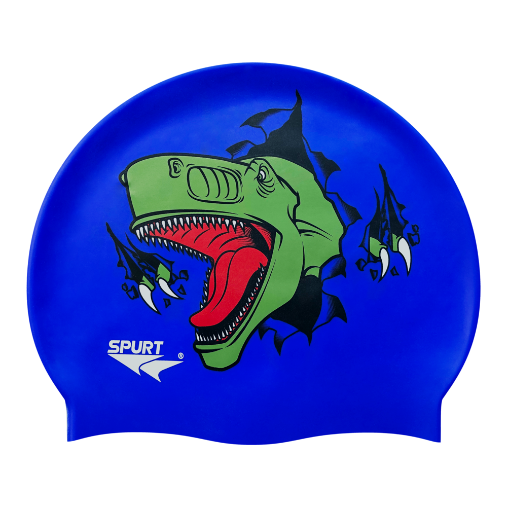 T-Rex Ripping Through Cap on F234 Royal Blue Spurt Silicone Swim Cap