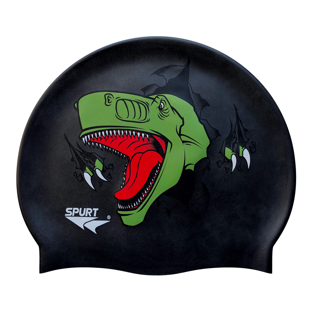 T-Rex Ripping Through Cap on SB14 Metallic Black Spurt Silicone Swim Cap