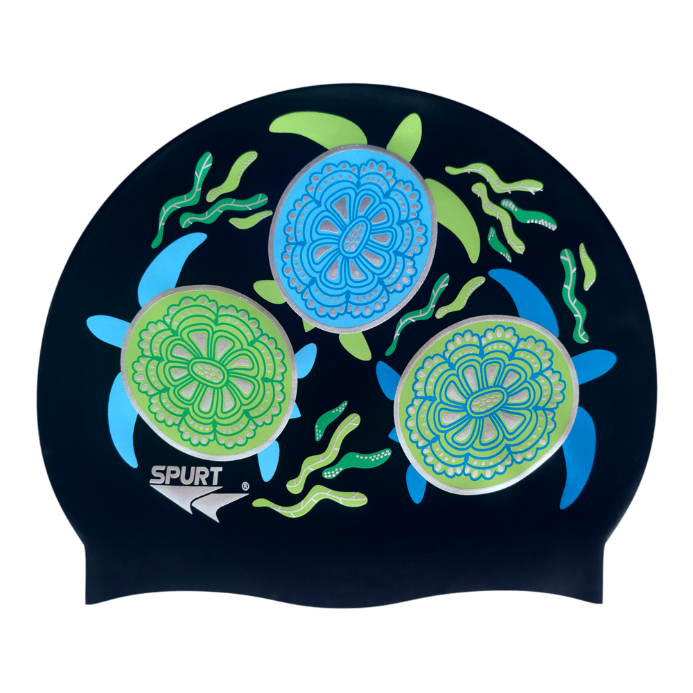 Tribal Turtles and Seaweed on F209 Deep Black Spurt Silicone Swim Cap