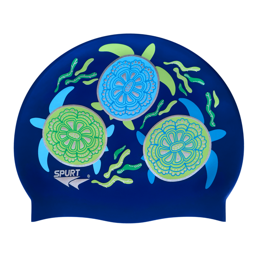 Tribal Turtles and Seaweed on SE25 Dark Blue Spurt Silicone Swim Cap