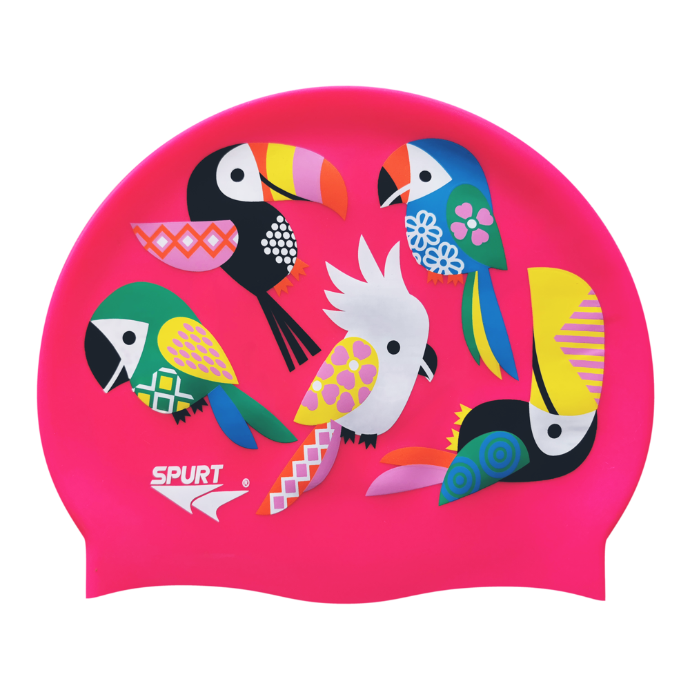 Toucans with Geometric Patterns on F215 Bright Pink Spurt Silicone Swim Cap