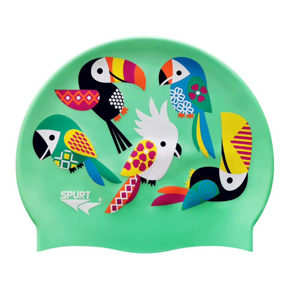 Toucans with Geometric Patterns on SB13 Light Green Spurt Silicone Swim Cap