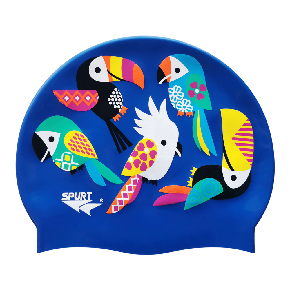 Toucans with Geometric Patterns on SE25 Dark Blue Spurt Silicone Swim Cap