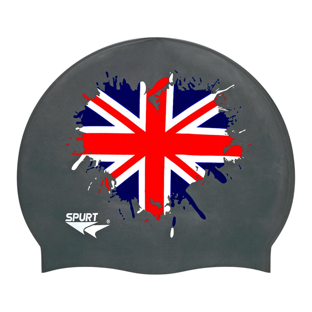 UK Flag Heart Splash on F210 Dark Grey Spurt Silicone Swim Cap
