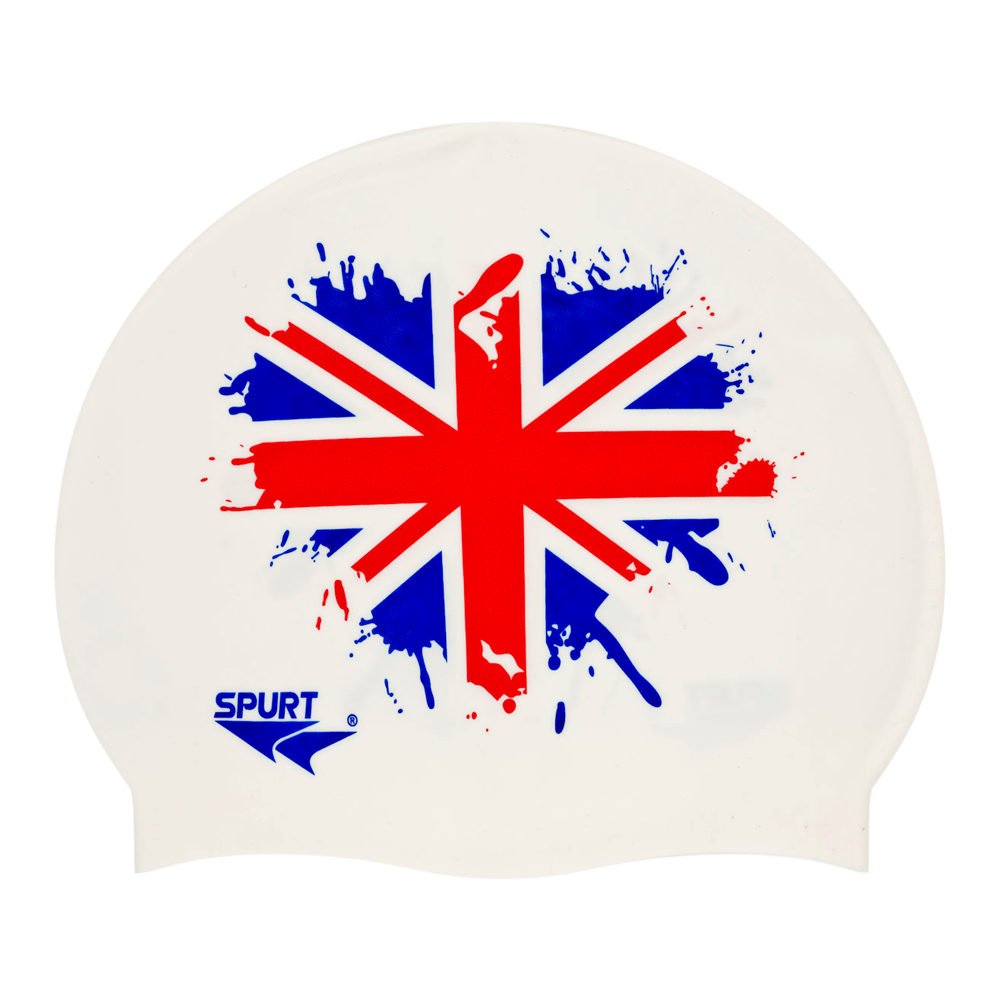 UK Flag Heart Splash on F212 Warm White Spurt Silicone Swim Cap